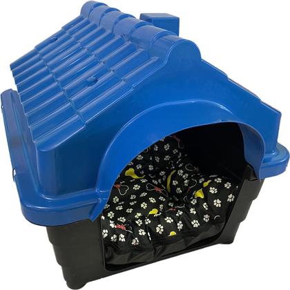 Imagem de Kit Casa Cachorros Gato N4 Azul + Caminha Colchão Acolchoado