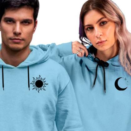 Imagem de Kit Casal Moletom Blusa Capuz Canguru Sol e Lua Combinando Relaxado
