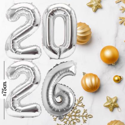 Imagem de Kit Celebração 2026: 4 Balões Metalizados Números 75cm, 2 Estelas 45cm, Balões Garrafa Champanhe e Taça Cheers 100cm