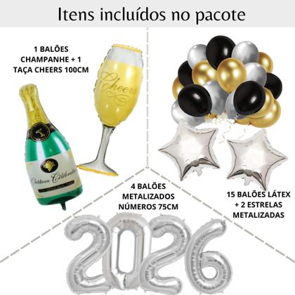 Imagem de Kit Celebração 2026: 4 Balões Metalizados Números 75cm, 2 Estelas 45cm, Balões Garrafa Champanhe e Taça Cheers 100cm