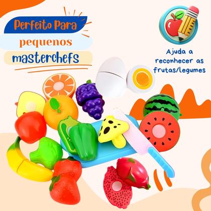 Imagem de Kit Cesta de Compras Infantil Brinquedo Educativo Frutas Legumes Utensílios Cozinha