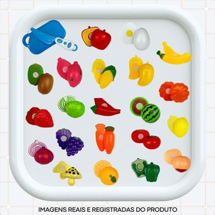 Imagem de Kit Cesta de Compras Infantil Brinquedo Educativo Frutas Legumes Utensílios Cozinha