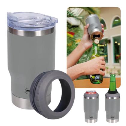 Imagem de Kit Cesta Dobravel Tampa Vira Mesa Ntk para Picnic / Pesca + Copo Termico 5 em 1 Cinza 420ml com Abridor Nautika