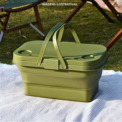 Imagem de Kit Cesta Dobravel Tampa Vira Mesa Ntk para Picnic / Pesca + Copo Termico 5 em 1 Cinza 420ml com Abridor Nautika