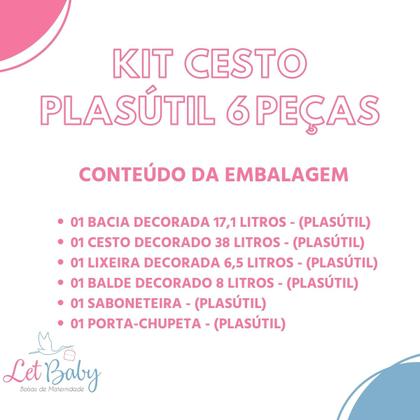 Imagem de Kit cesto de roupa de bebê decorada plasutil 6 peças + bacia + lixeira + balde menino e menina