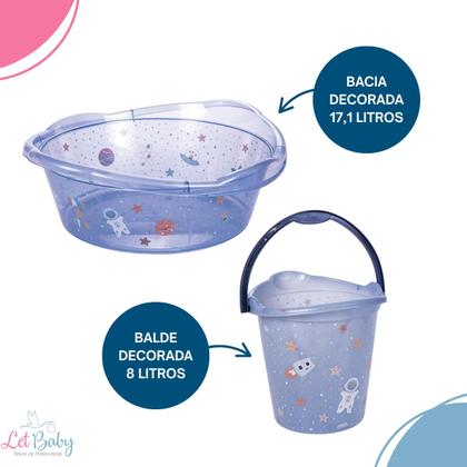Imagem de Kit cesto de roupa de bebê decorada plasutil 6 peças + bacia + lixeira + balde menino e menina