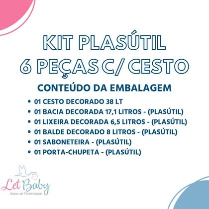 Imagem de Kit cesto de roupa de bebê decorada plasutil 6 peças + bacia + lixeira + balde menino e menina