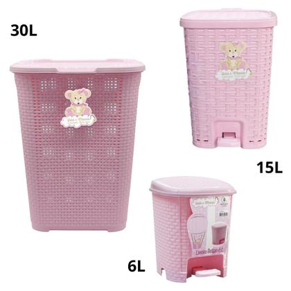 Imagem de Kit Cesto De Roupas 30L + Lixeiras Smart 15L e 6L Rosa Bebê