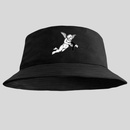 Imagem de Kit Chapeu Bucket + Mochila Bolsa Masculina Basica Escolar Pega a Visão Estampado Anjo Branco