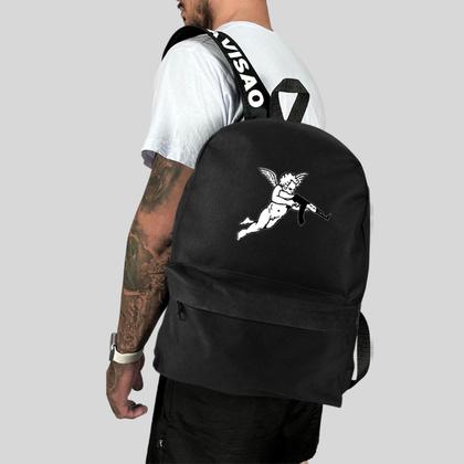 Imagem de Kit Chapeu Bucket + Mochila Bolsa Masculina Basica Escolar Pega a Visão Estampado Anjo Branco