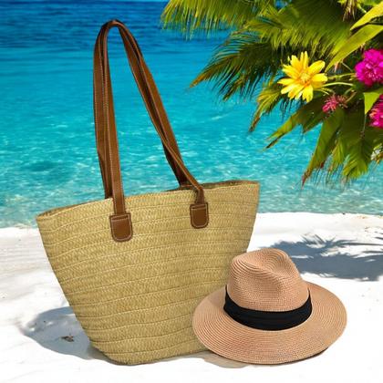 Imagem de Kit Chapéu Palha ABA MÉDIA + Bolsa GOLD Tote Alça Grande Praia Feminino 1016