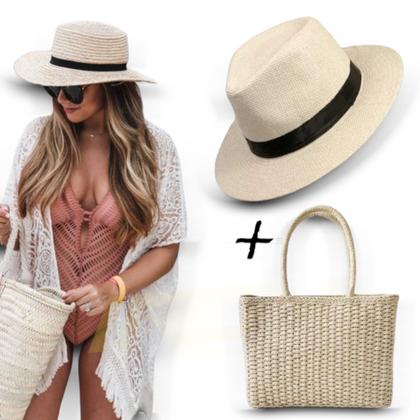 Imagem de Kit Chapéu Palha + Bolsa Casual Praia Feminino ABA MÉDIA PANAMÁ 336