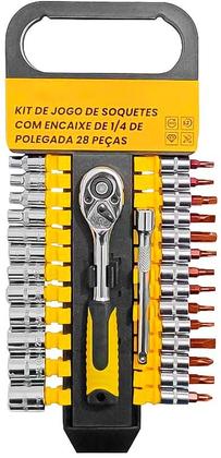 Imagem de Kit Chave Catraca Reversível 1/4" Com 28 Peças Jogo de Extensor, Soquetes e Bits + Estojo