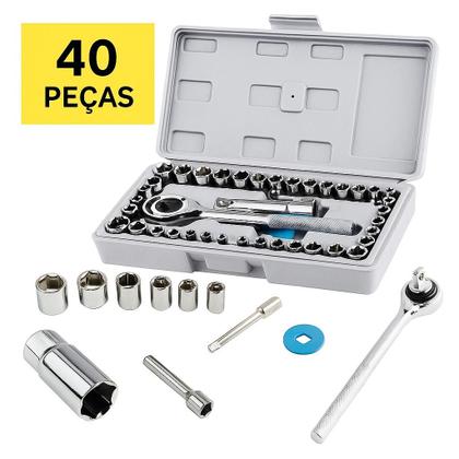 Imagem de Kit Chave Catraca Reversível com Soquetes 40 Peças Maleta Aço Cromado Manutenção, Mecânica, Montagem, Carro e Moto