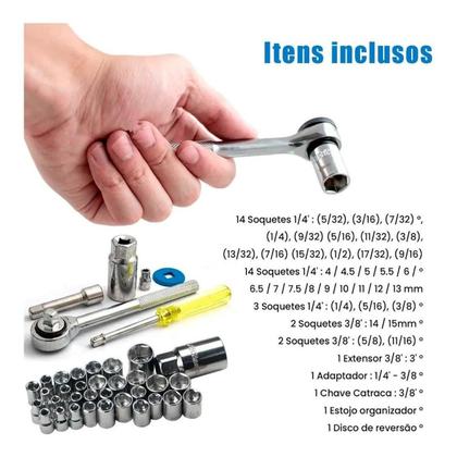 Imagem de Kit Chave Catraca Reversível com Soquetes 40 Peças Maleta Aço Cromado Manutenção, Mecânica, Montagem, Carro e Moto