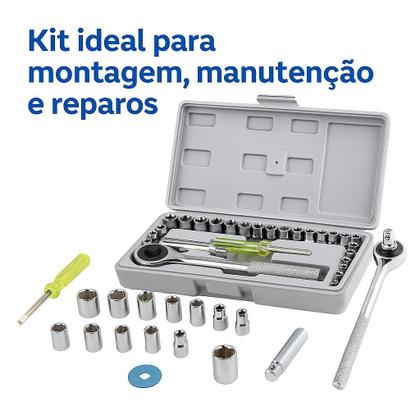 Imagem de Kit Chave Catraca Reversível com Soquetes 40 Peças Maleta Aço Cromado Manutenção, Mecânica, Montagem, Carro e Moto