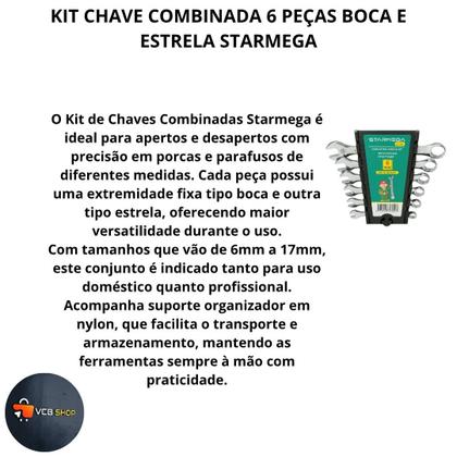 Imagem de Kit chave combinada 6 peças boca e estrela 6mm à 17mm manutencao oficina starmega