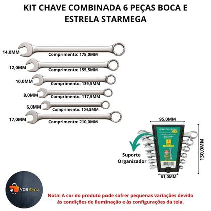 Imagem de Kit chave combinada 6 peças boca e estrela 6mm à 17mm manutencao oficina starmega
