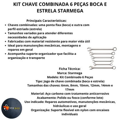 Imagem de Kit chave combinada 6 peças boca e estrela 6mm à 17mm manutencao oficina starmega