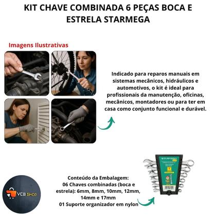 Imagem de Kit chave combinada 6 peças boca e estrela 6mm à 17mm manutencao oficina starmega