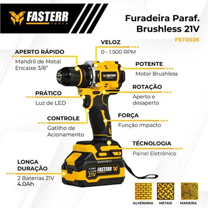Imagem de Kit Chave De Impacto + Furadeira Parafusadeira Brushless 21V 2 Baterias
