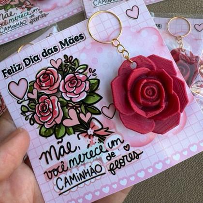 Imagem de Kit Chaveiro Flor Rosa Dia das Mães com Cartão Presente Criativo Lembrancinha Delicada