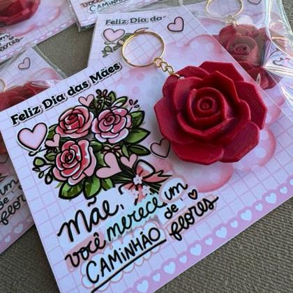 Imagem de Kit Chaveiro Flor Rosa Dia das Mães com Cartão Presente Criativo Lembrancinha Delicada