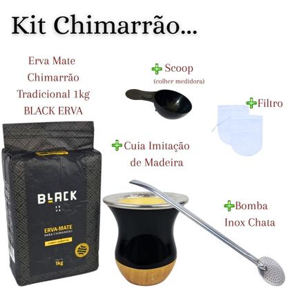 Imagem de Kit Chimarrão com Erva Clássica Moagem Fina 1Kg Cuia Preta Imitação madeira Bomba Inox 23 CM