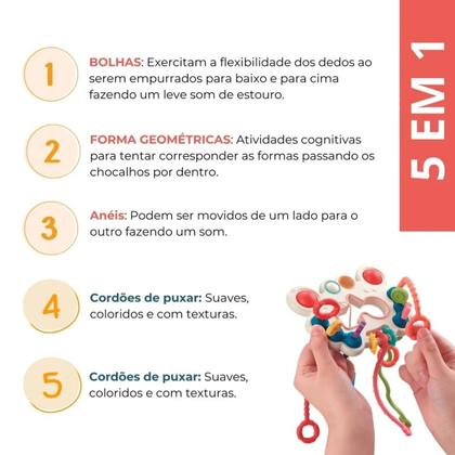Imagem de Kit Chocalho Multissensorial 5 Em 1 Com Bola Mordedor Silicone Macia Segura Estimula Desenvolvimento Sensorial Do Bebê