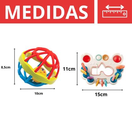Imagem de Kit Chocalho Multissensorial 5 Em 1 Com Bola Mordedor Silicone Macia Segura Estimula Desenvolvimento Sensorial Do Bebê
