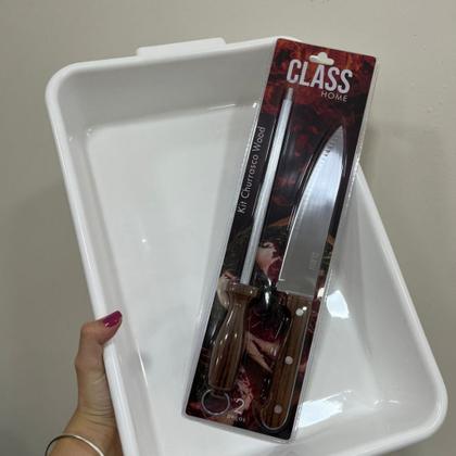 Imagem de Kit Churrasco 3 pc (1 caixa organizadora plástica 8 l c/tampa + 1 Faca de 29,5 cm + 1 Chaira de 23,8 cm INOX WOOD)