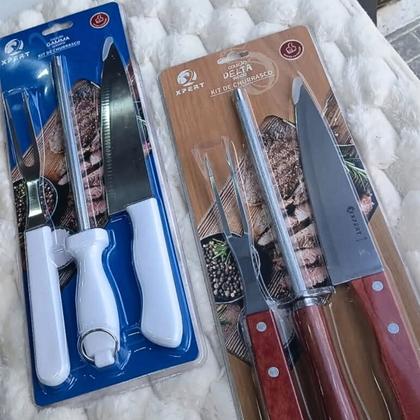 Imagem de Kit Churrasco 3 Peças Aço Inox Garfo Chaira Faca Madeira Cozinha Carnes Self Service Restaurante Dia dos Pais Aniversário Festas Eventos