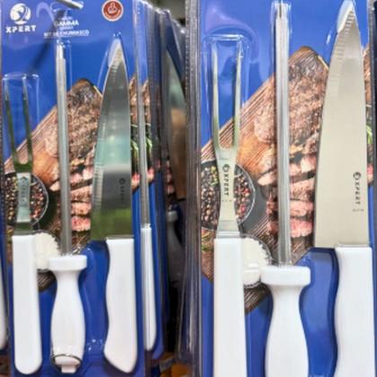 Imagem de Kit Churrasco 3 Peças Aço Inox Garfo Chaira Faca Madeira Cozinha Carnes Self Service Restaurante Dia dos Pais Aniversário Festas Eventos