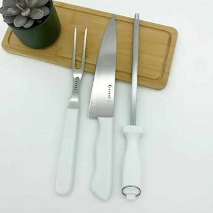 Imagem de Kit Churrasco 3 Peças Aço Inox Garfo Chaira Faca Madeira Cozinha Carnes Self Service Restaurante Dia dos Pais Aniversário Festas Eventos