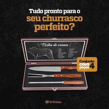Imagem de Kit Churrasco 4 Peças Aço Inox e Caixa de Madeira Garfo Faca e Amolador Grillrelax