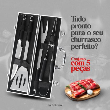 Imagem de Kit Churrasco 5 Peças Aço Inox Com Maleta de Transporte Aluminio Faca Espatula Garfo e Pegador Grillrelax