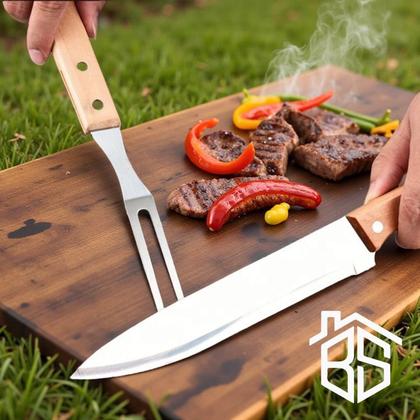 Imagem de Kit Churrasco Barbecue 4 Peças Faca Garfo Pegador e Estojo Completo Profissional Gourmet - - Marrom