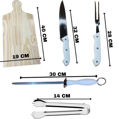 Imagem de Kit Churrasco Com 5 Peças Aço Inox Tabua Garfo Faca Chaira Pegador