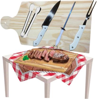 Imagem de Kit Churrasco Com 5 Peças Aço Inox Tabua Garfo Faca Chaira Pegador