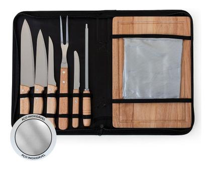 Imagem de Kit Churrasco com Avental - 8 Peças Inox c/ Madeira