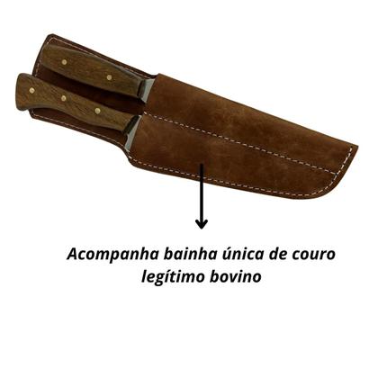 Imagem de Kit churrasco inox artesanal boi de aço faca + garfo + bainha de couro única para churrasqueira cozinha presente camping