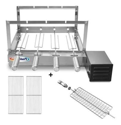 Imagem de Kit Churrasqueira Giratória 4 Espetos Elétrica Rotativa Inox 430 Bivolt Motor WEG + Espeto Grelha + 2 Grelhas Auxiliares