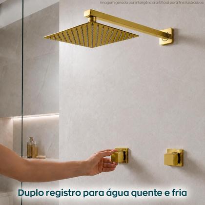Imagem de Kit Chuveiro Ducha Inox Dourada 30x30cm Parede Cascata 2 Acabamentos Para Registro Padrão Deca Docol Ducha Quadrada Chuveiro Gás Ou Solar Quente Frio