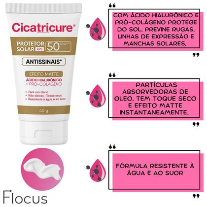 Imagem de Kit Cicatricure Protetor Solar Facial FPS50 Antissinais Efeito Matte Ácido Hialurônico Pro Colageno