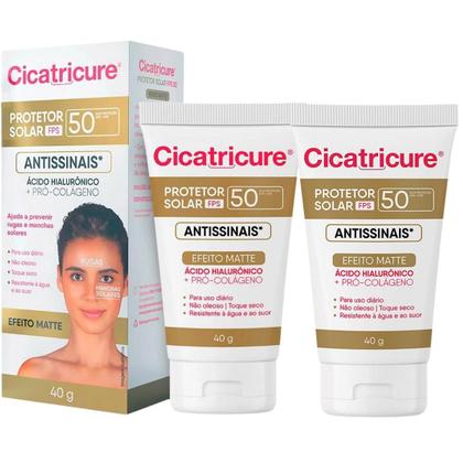 Imagem de Kit Cicatricure Protetor Solar Facial FPS50 Antissinais Efeito Matte Ácido Hialurônico Pro Colageno