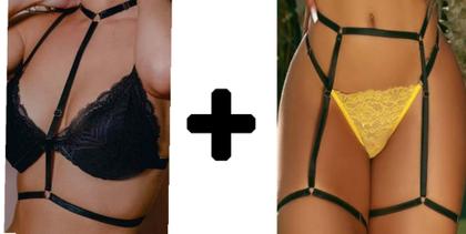 Imagem de Kit Cinta Liga + Gargantilha De Tiras Elásticas Sexy Sensual Preta