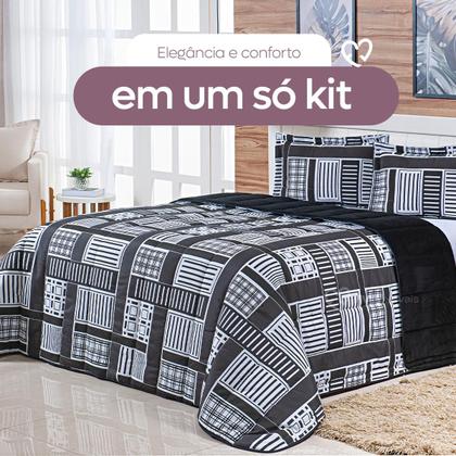 Imagem de Kit Coberdrom Casal Queen 3 Peças Dupla Face 400 Fios Estampado Patchwork Roupa de Cama Premium Cobertor Manta Soft