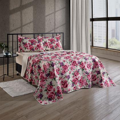 Imagem de Kit Cobre Leito Casal Padrão  Dupla Face 3 Peças 200 Fios Colcha de Cama Violeta Premium Estampado