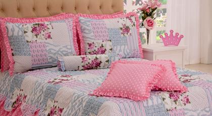 Imagem de Kit Cobre Leito Casal Queen Size 6 pçs Colcha Estampado com Babado Belize