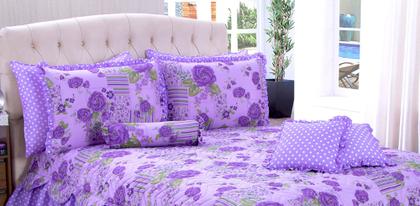 Imagem de Kit Cobre Leito Casal Queen Size 6 pçs Colcha Estampado com Babado Belize